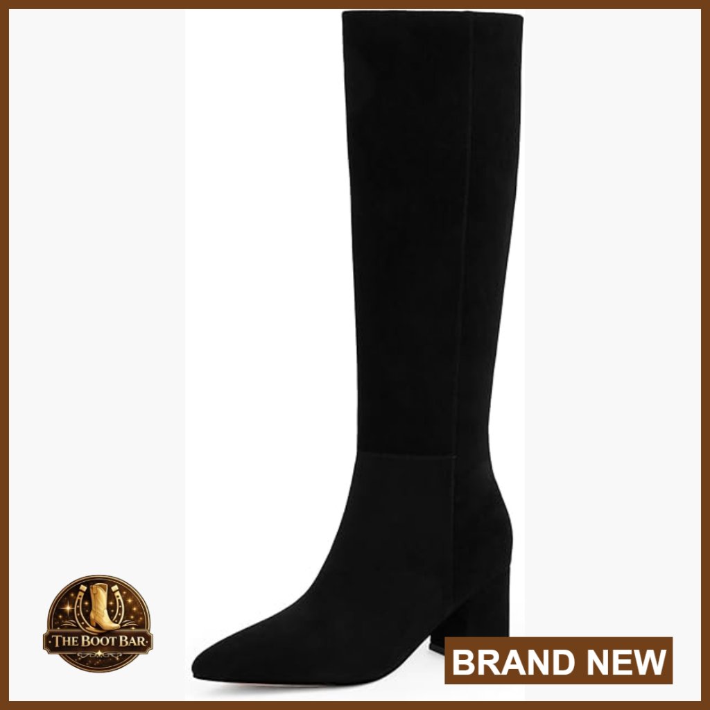 Knee High Boots Chunky Heel Pointed Toe Side Zipper Faux Suede